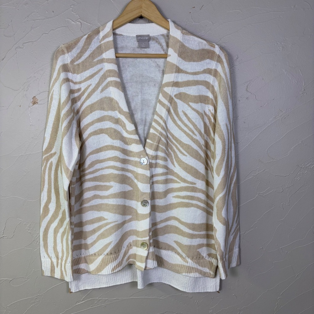 Chicos Cardigan Sweater Womens 2 Zebra Print Linen Cotton Knit Neutral Safari